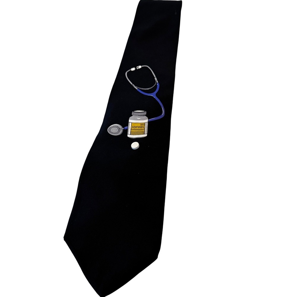 Vicky Davis New York Mens Silk Tie Black Medical Aspirin Stethoscope Novelty USA
